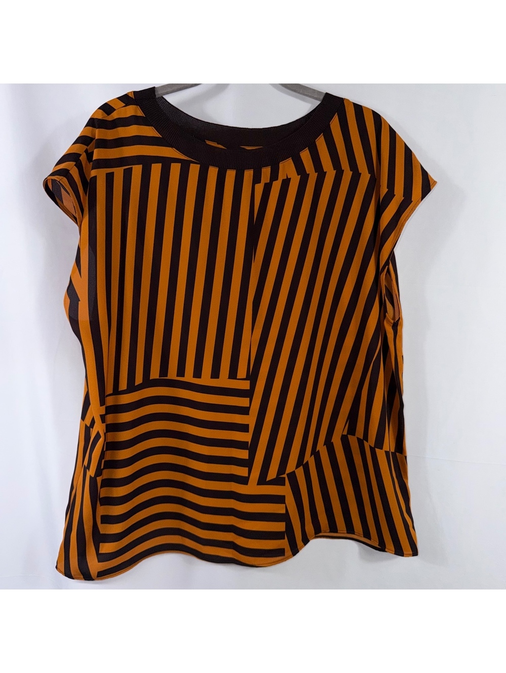Worthington L Orange Brown Geometric Stripe Blouse